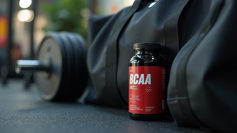 High angle view of a gym bag with BCAA supplement container
