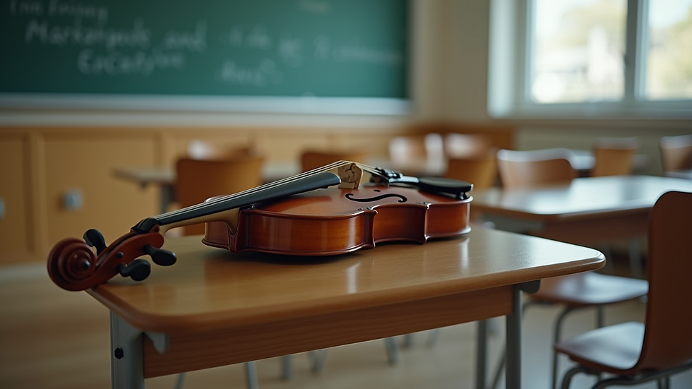 Close-up view of a violin resting on a music stand in a classroom
