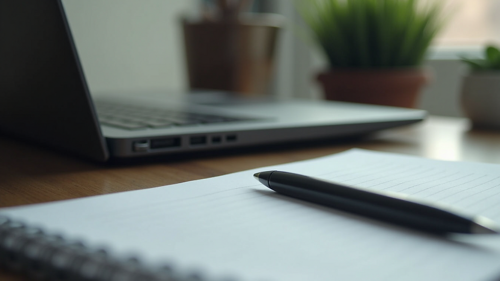 Close-up view of a laptop on a desk with a notepad and pen