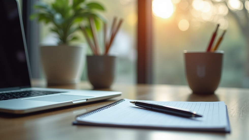 Close-up view of a modern home office with a laptop and notary supplies