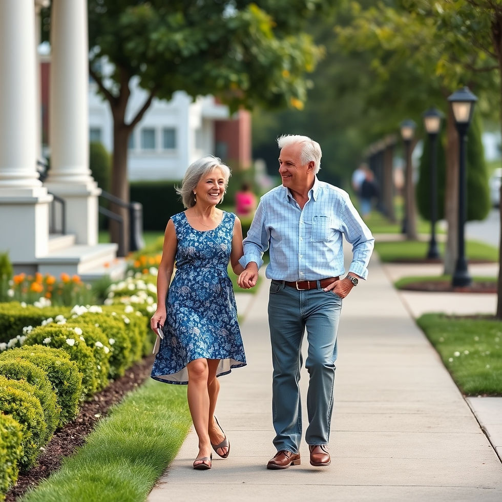 Retirees walking down sidewalk