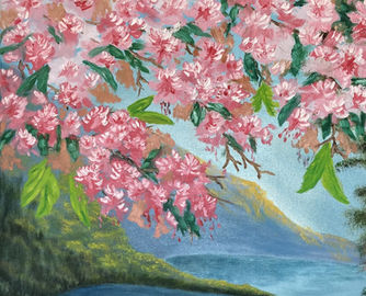 pink cherry blossoms are in the forground with mountains and a heart shaped lake in the background