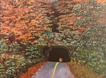 Drive through a dark tunnel with the autumn scene all around