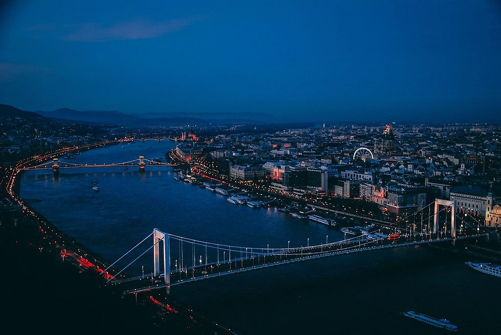 Night time showing a bridge and a city