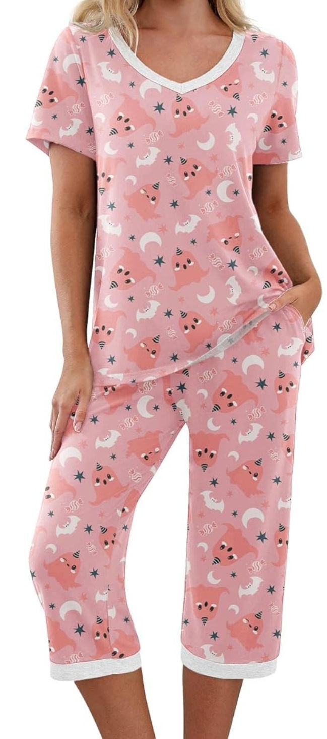 Vintatre Womens 2-pieces V-Neck Short Sleeve Printed Pajama Set Pink Size - L