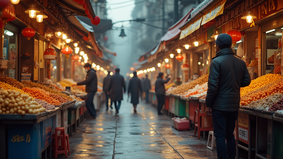 Eye-level view of a vibrant street food market with colorful stalls