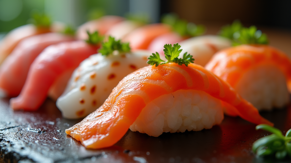 Close-up view of a sushi platter with vibrant colors and delicate presentation