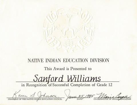 Sanford Williams Native Indian Diploma 1985