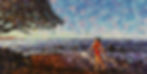 Paysage pointilliste contemporain intitule Sainte Luce 2 illustrant un personnage marchant sur la plage 15x30 po Acrylique su