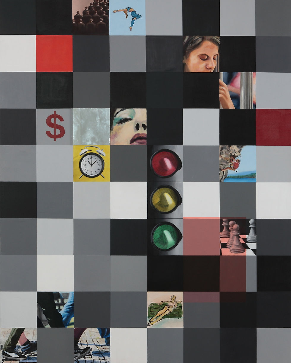 Peinture contemporaine au pinceau avec miroir intégré, exploration du temps et de l’argent