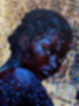 Portrait contemporain d'une jeune femme africaine à la peau bleue et réalisée selon une technique inovatrice intitulée le rectangulisme