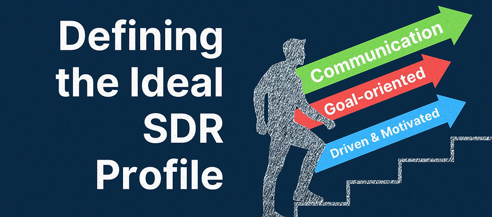 Slide with silhouette climbing stairs and arrows labeled Communication, Goal-oriented, Driven & Motivated; title: Defining the ideal SDR Profile