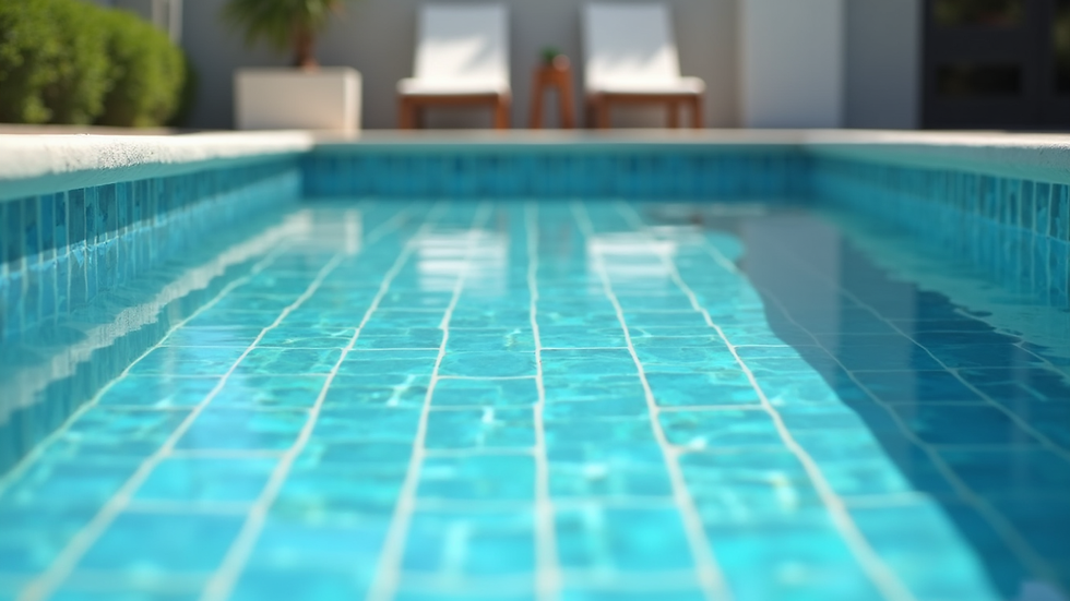 Eye-level view of a swimming pool with new tile work and clean water