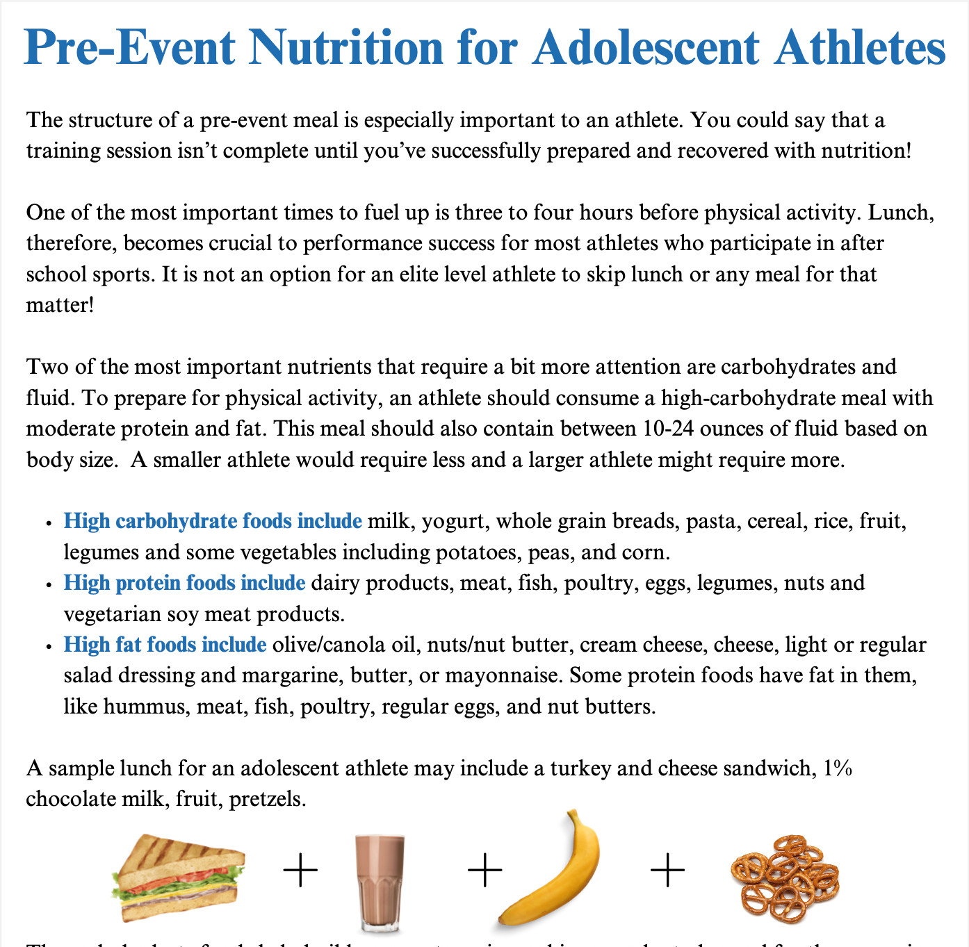 Pre Game/Practice Nutrition for Adolescent Athletes