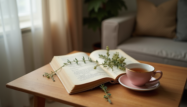 Eye-level view of a cozy living room corner with a journal and a cup of herbal tea on a wooden table