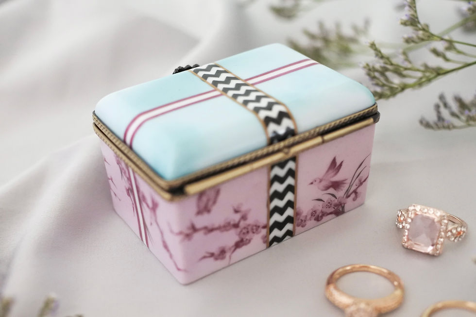 Thumbnail: Back view of handmade porcelain ring box in purple pink with Kachōfūgetsu and geometric hand-painted design