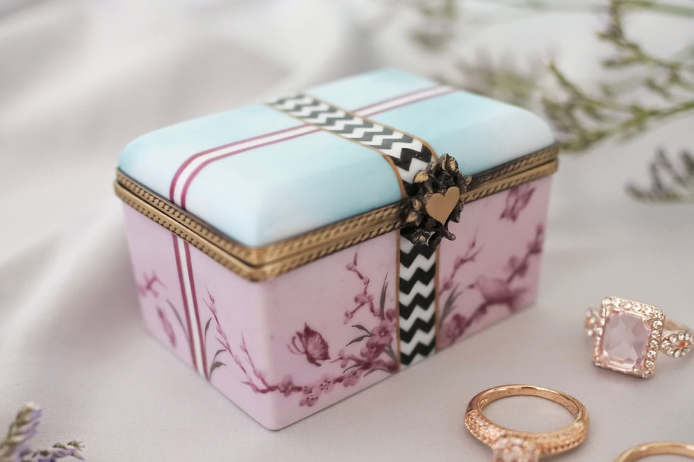 Thumbnail: Front view of handmade porcelain ring box closed, purple pink Kachōfūgetsu geometric design