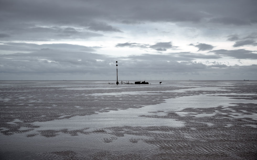 A distant view of the Pisces, a shipwreck in the mud near the Broomway