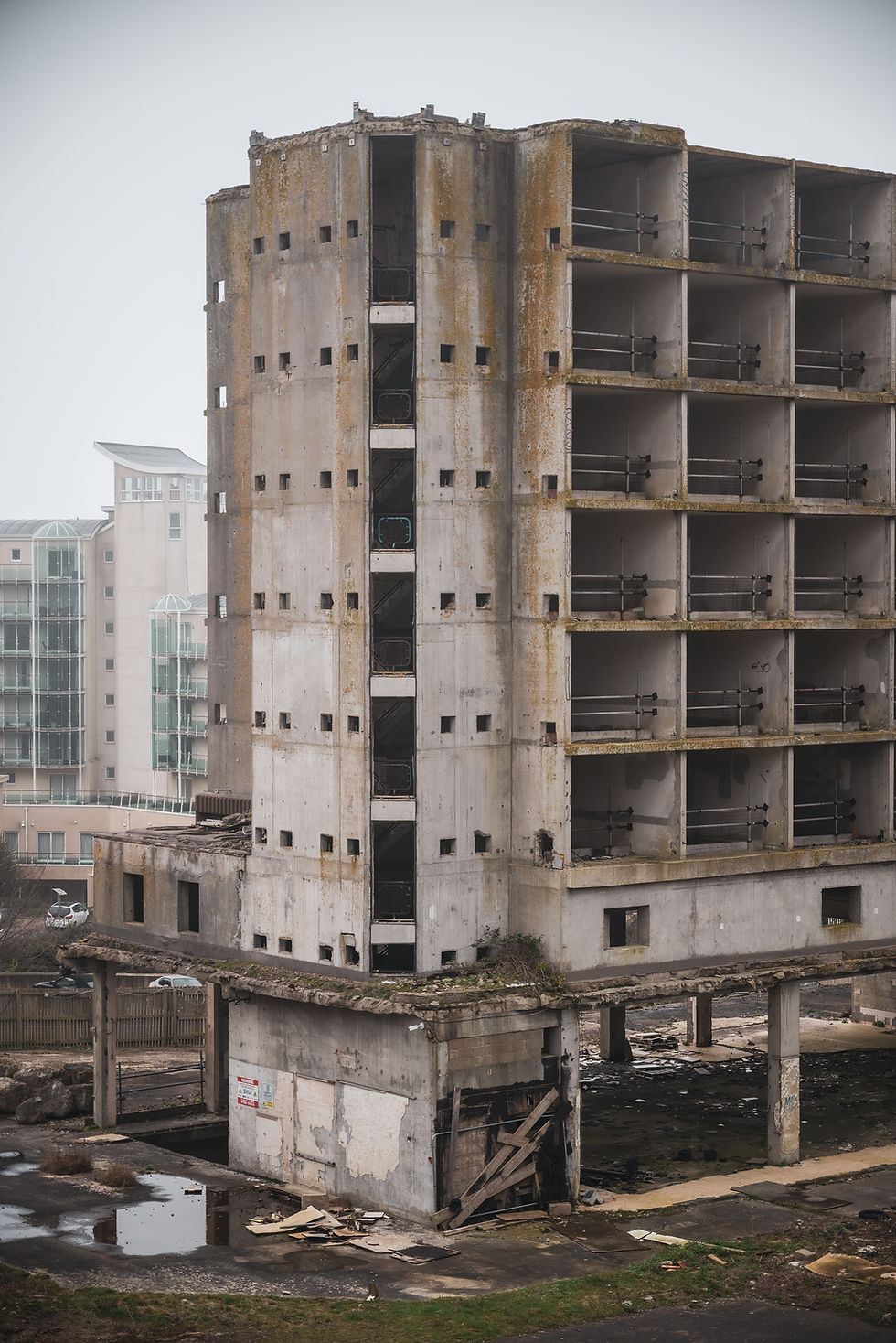 The old decaying navy accommodation block on Portland