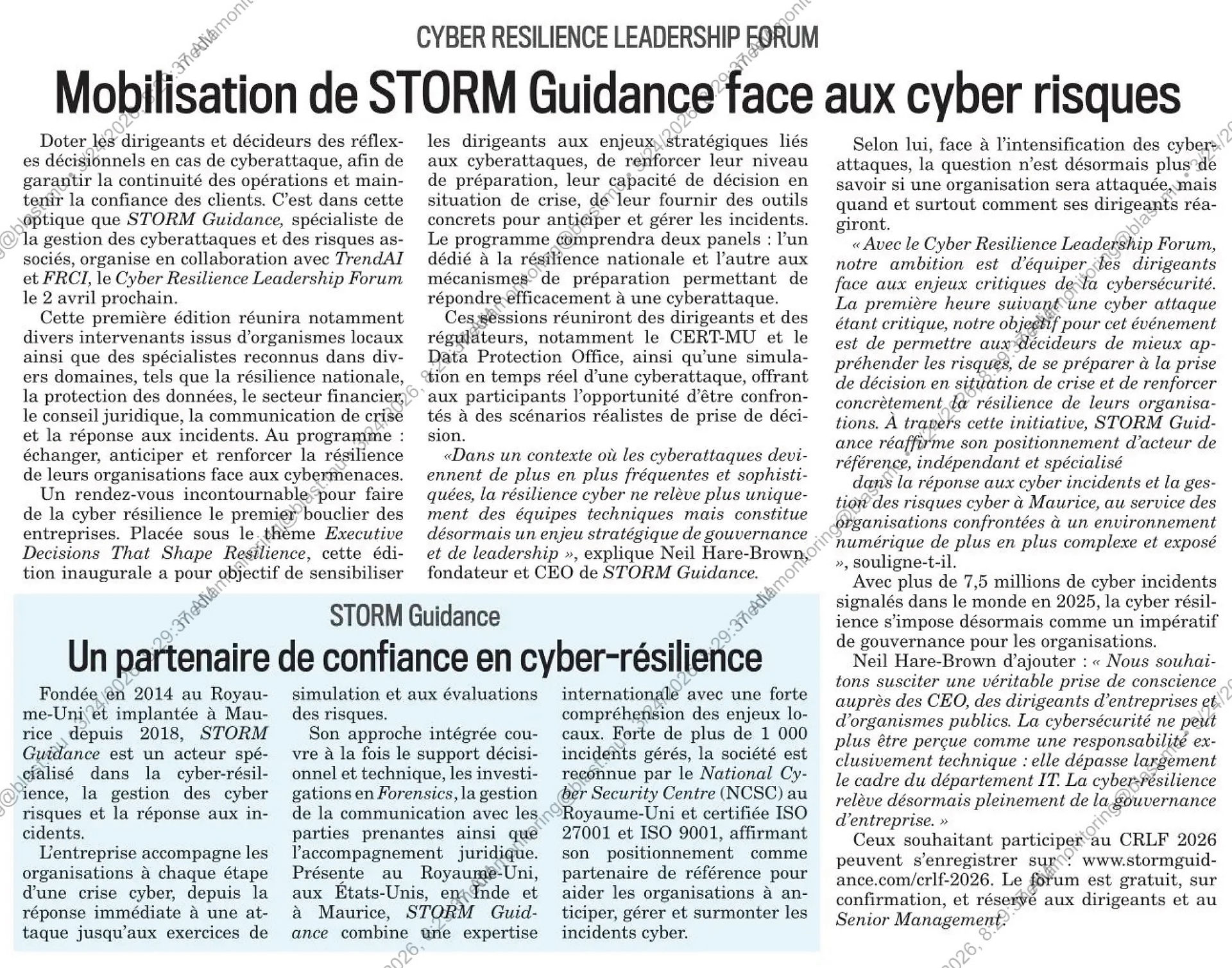 Le Mauricien (24 March 2026) – Article on CRLF 2026 and the forum’s focus on executive decision-maki