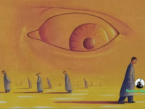 Ilustración de un ojo gigante observando que evoca temas de tutelaje, vigilancia, control social y conformidad.