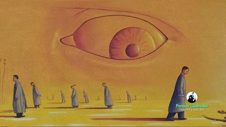 Ilustración de un ojo gigante observando que evoca temas de tutelaje, vigilancia, control social y conformidad.