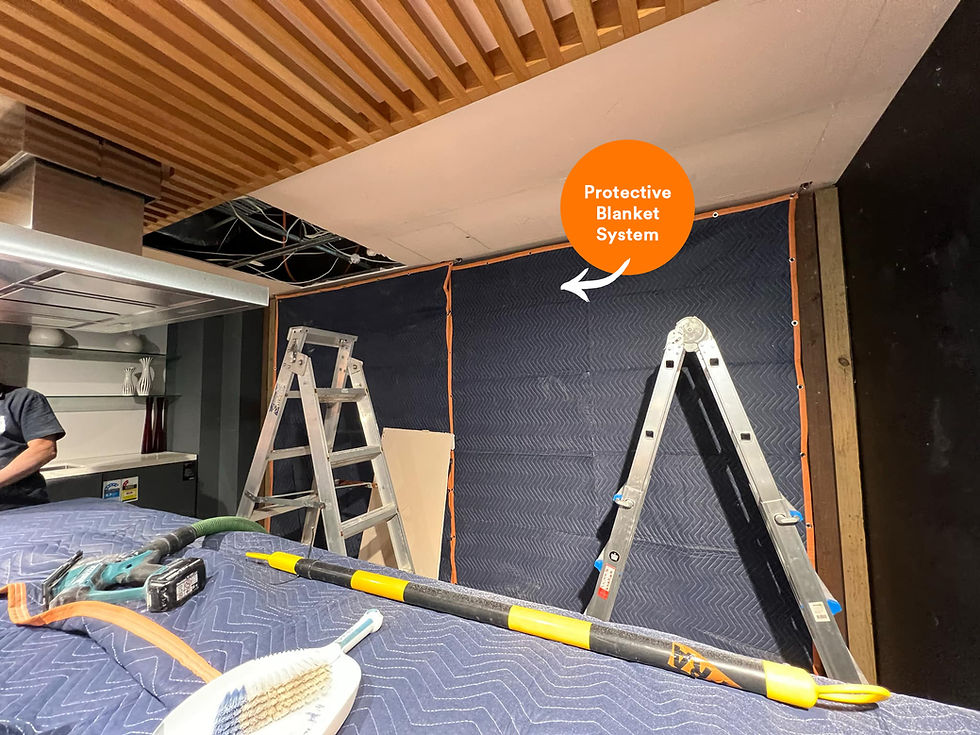 AJP Management's protective blanket system is shown on the table and rear wall (navy fabric).