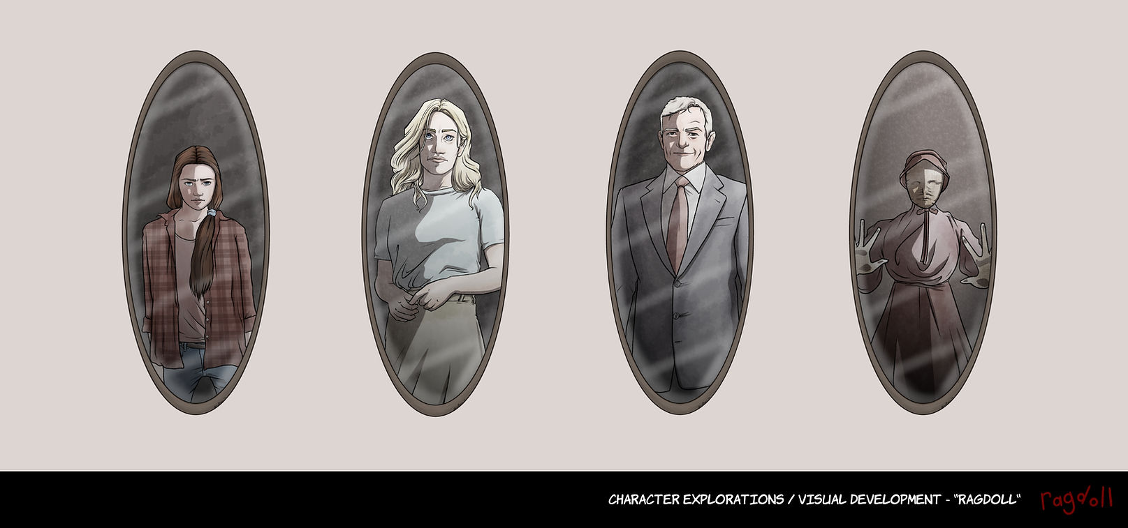 Four character concepts featuring each staring into a mirror. A young girl, a mother, a suited man, and a living ragdoll