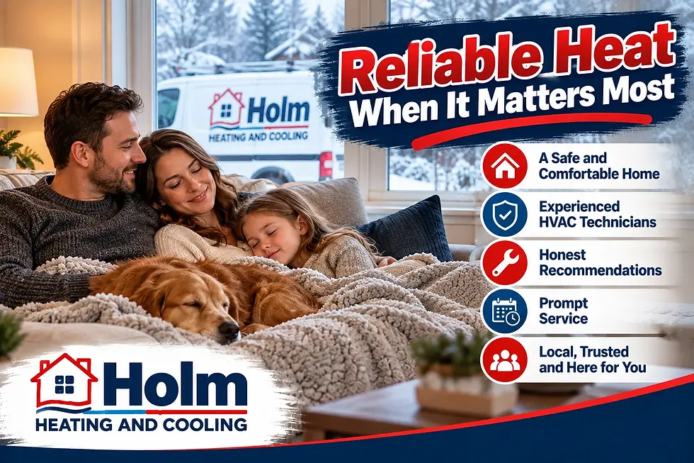 Holm Heating and Cooling branding beside a family relaxing in a warm home during cold weather.