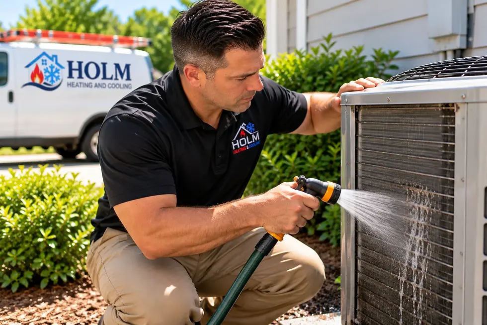 HVAC technician cleaning a dirty outdoor AC condenser coil in Wake Forest NC