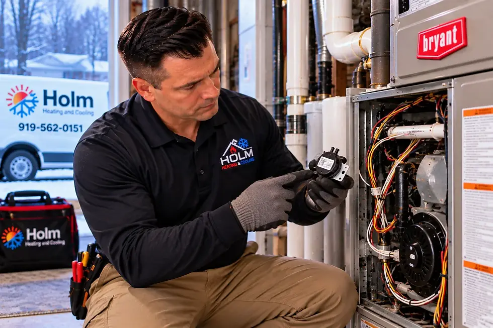 HVAC technician inspecting a furnace pressure switch in Wake Forest NC