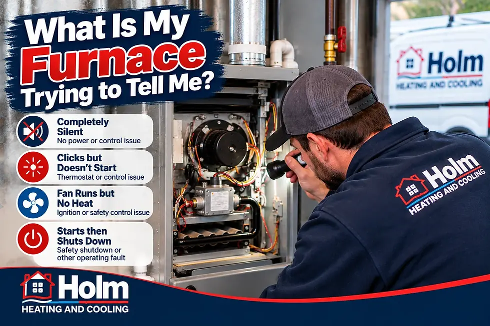 HVAC technician inspects an open furnace; ad reads What Is My Furnace Trying to Tell Me? with troubleshooting signs and Holm Heating and Cooling