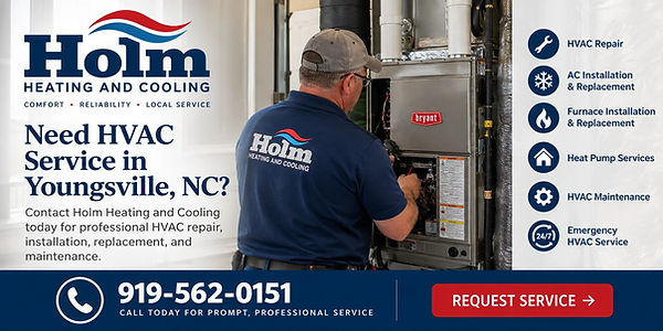 Holm Heating and Cooling technician servicing an HVAC system in Youngsville NC