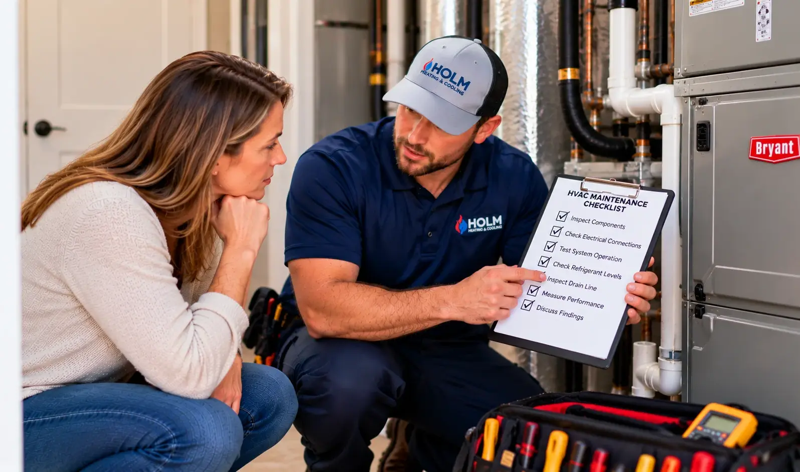 Holm Heating & Cooling technician reviewing an HVAC maintenance checklist with a homeowner