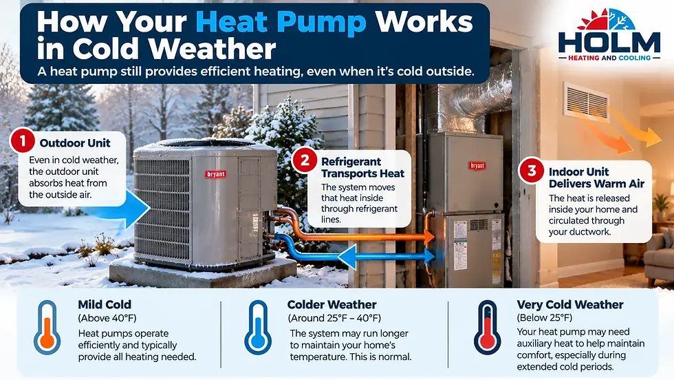 Illustration showing how an outdoor heat pump transfers heat indoors and how colder weather can affect heating performance.