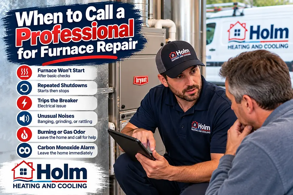 Holm Heating and Cooling technician discussing furnace repair warning signs with a homeowner.