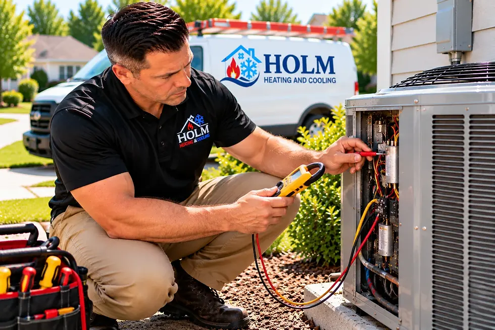 HVAC technician performing AC maintenance to help prevent short cycling