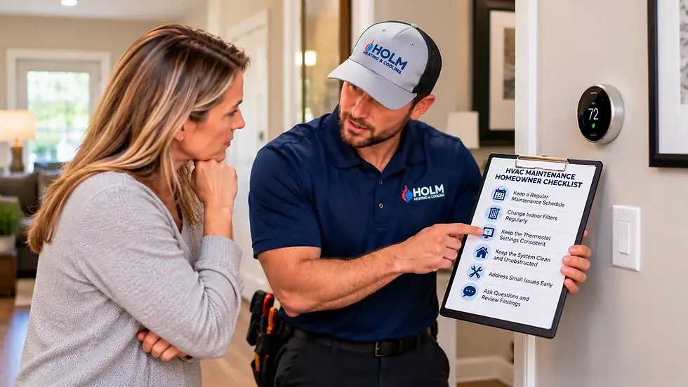 Holm Heating & Cooling technician discussing HVAC maintenance and future system planning with a homeowner