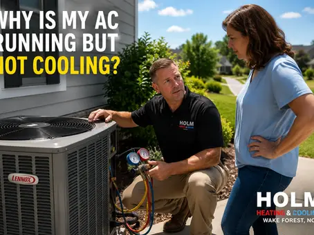 Doug Holm diagnosing a residential air conditioner that is running but not cooling in Wake Forest, NC.