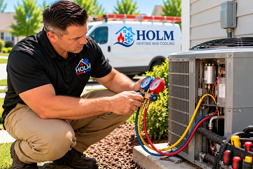 HVAC technician diagnosing an air conditioner with refrigerant gauges in Wake Forest NC