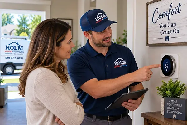 Holm Heating and Cooling technician explaining a thermostat to a homeowner