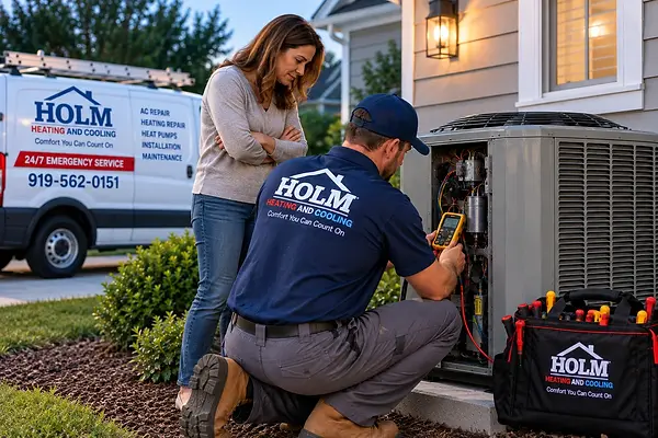 HVAC technician providing emergency repair at a Wake Forest home