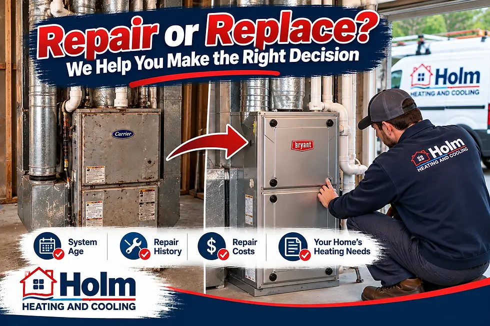Holm Heating and Cooling technician comparing an older furnace with a newer replacement system.