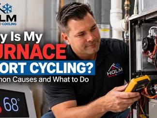 Holm Heating and Cooling technician diagnosing a furnace short cycling problem in Wake Forest NC