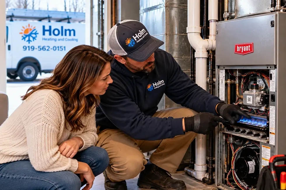 HVAC technician inspecting a furnace ignition system in Wake Forest NC
