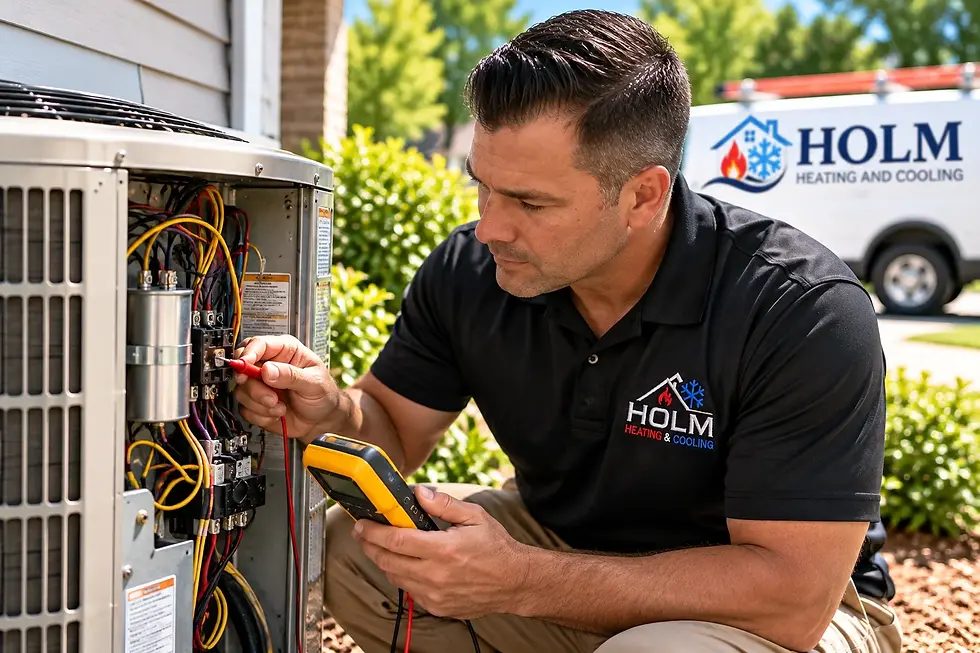 HVAC technician diagnosing an air conditioner electrical problem in Wake Forest NC