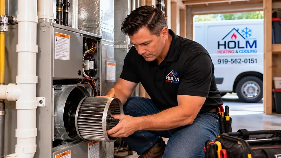 HVAC technician inspecting a furnace during cold weather in Wake Forest NC