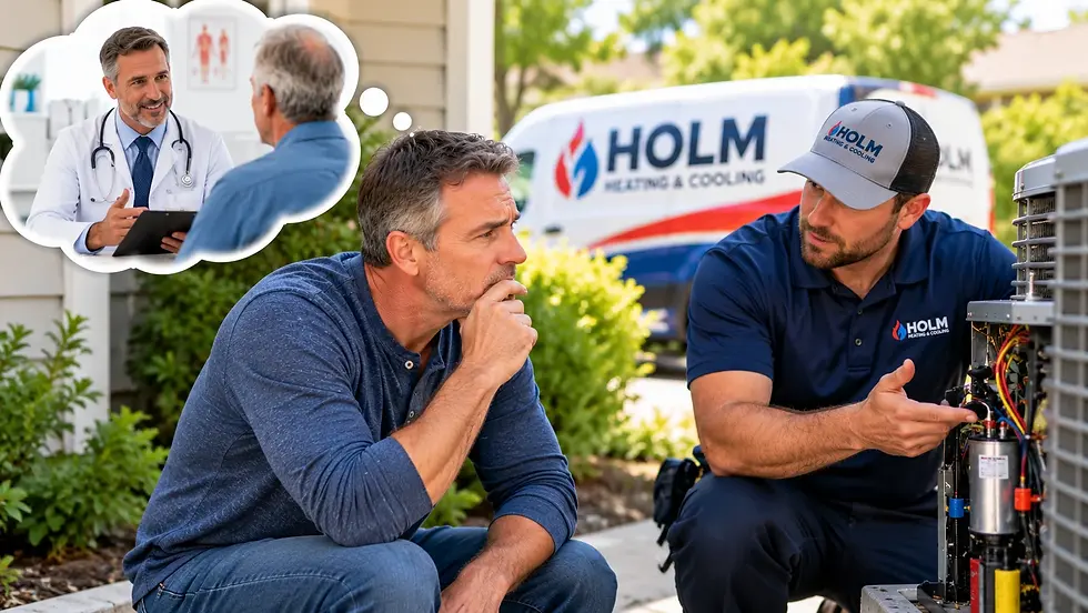 Holm Heating & Cooling technician explaining HVAC maintenance to a homeowner during a system inspection
