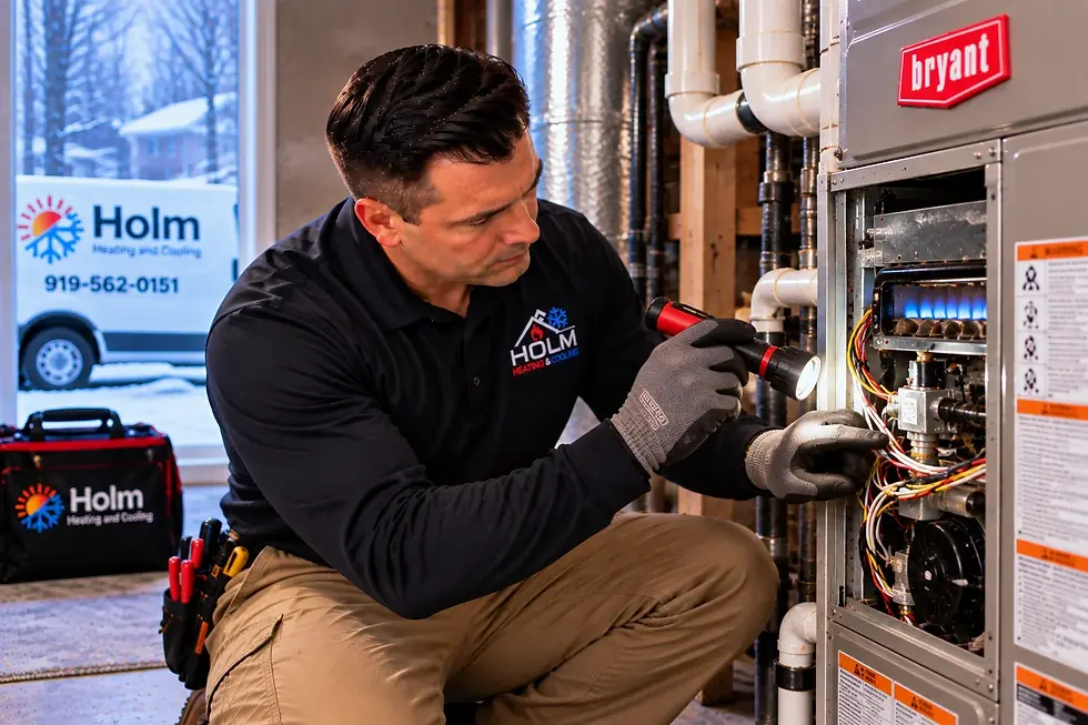 HVAC technician inspecting a furnace during winter in Wake Forest NC