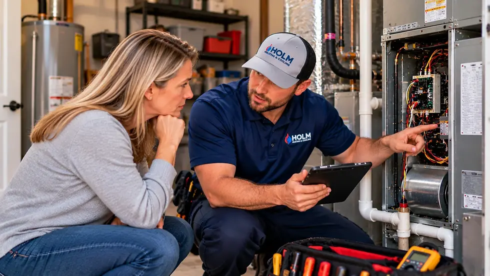 Holm Heating & Cooling technician explaining HVAC maintenance findings to a homeowner